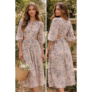 CHICWISH Safari Toile Print Cutout Maxi Dress Multicolor Long Sleevee Size S